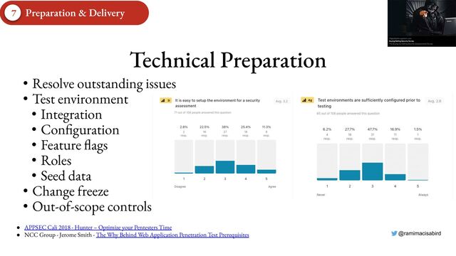 @ramimacisabird
Technical Preparation
• Resolve outstanding issues
• Test environment
• Integration
• Configuration
• Feature flags
• Roles
• Seed data
• Change freeze
• Out-of-scope controls
● APPSEC Cali 2018 - Hunter – Optimize your Pentesters Time
● NCC Group - Jerome Smith - The Why Behind Web Application Penetration Test Prerequisites
7 Preparation & Delivery
