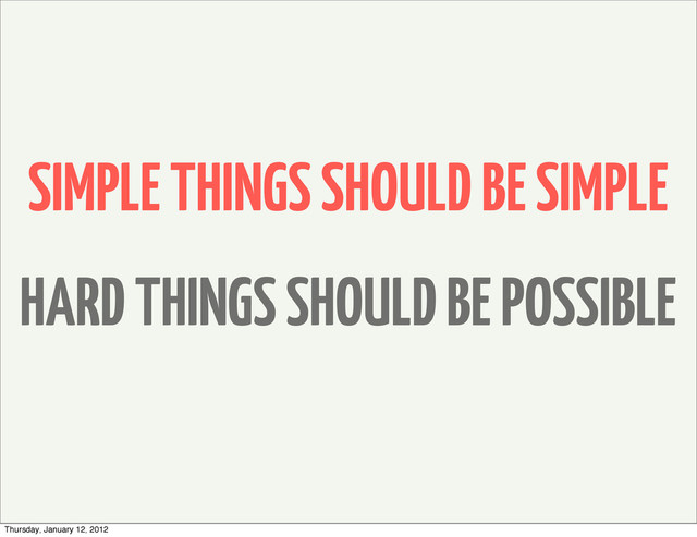 SIMPLE THINGS SHOULD BE SIMPLE
HARD THINGS SHOULD BE POSSIBLE
Thursday, January 12, 2012
