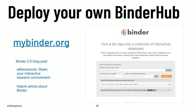 @WillingCarol 37
Deploy your own BinderHub
mybinder.org
Binder 2.0 blog post
elifesciences: Share
your interactive
research environment
Nature article about
Binder
