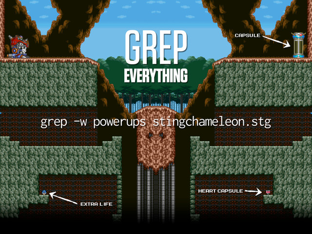 GREP
EVERYTHING
grep -w powerups stingchameleon.stg
Capsule
EXTRA LIFE
HEART CAPSULE

