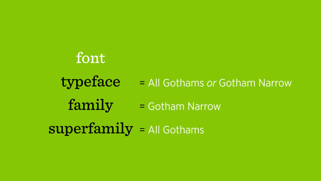font
typeface
family
superfamily
= All Gothams or Gotham Narrow
= Gotham Narrow
= All Gothams
