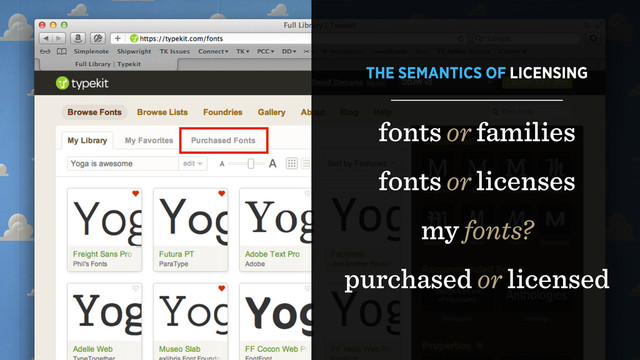fonts or families
fonts or licenses
my fonts?
purchased or licensed
THE SEMANTICS OF LICENSING
