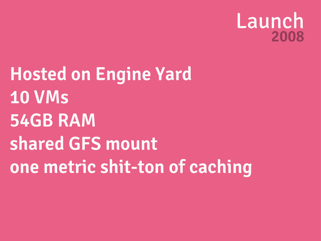 Launch
2008
Hosted on Engine Yard
10 VMs
54GB RAM
shared GFS mount
one metric shit-ton of caching
