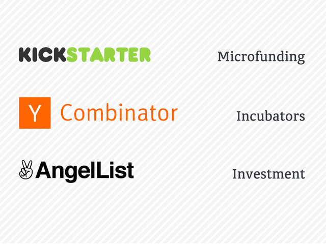 AngelList
Microfunding
Incubators
Investment
