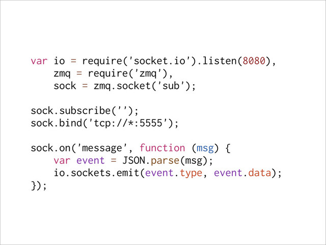 var io = require('socket.io').listen(8080),
zmq = require('zmq'),
sock = zmq.socket('sub');
sock.subscribe('');
sock.bind('tcp://*:5555');
sock.on('message', function (msg) {
var event = JSON.parse(msg);
io.sockets.emit(event.type, event.data);
});
