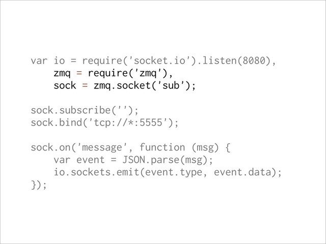 var io = require('socket.io').listen(8080),
zmq = require('zmq'),
sock = zmq.socket('sub');
sock.subscribe('');
sock.bind('tcp://*:5555');
sock.on('message', function (msg) {
var event = JSON.parse(msg);
io.sockets.emit(event.type, event.data);
});
