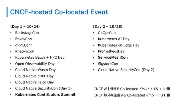 【Day 1 – 10/24】
• BackstageCon
• EnvoyCon
• gRPCConf
• KnativeCon
• Kubernetes Batch + HPC Day
• Open Observability Day
• Cloud Native Wasm Day
• Cloud Native eBPF Day
• Cloud Native Telco Day
• Cloud Native SecurityCon (Day 1)
• Kubernetes Contributors Summit
【Day 2 – 10/25】
• GitOpsCon
• Kubernetes AI Day
• Kubernetes on Edge Day
• PrometheusDay
• ServiceMeshCon
• SigstoreCon
• Cloud Native SecurityCon (Day 2)
$/$'IPTUFE$PMPDBUFE&WFOU
CNCF が主催する Co-located イベント︓16 + 1 個
CNCF 以外が主催する Co-located イベント︓ 21 個
