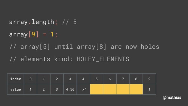 @mathias
array.length; // 5 
array[9] = 1;
// array[5] until array[8] are now holes 
// elements kind: HOLEY_ELEMENTS
index 0 1 2 3 4 5 6 7 8 9
value 1 2 3 4.56 'x' 1
