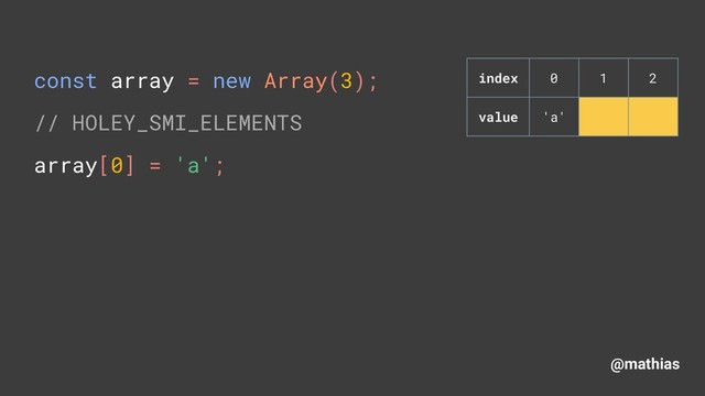 @mathias
const array = new Array(3); 
// HOLEY_SMI_ELEMENTS 
array[0] = 'a'; 
index 0 1 2
value 'a'
