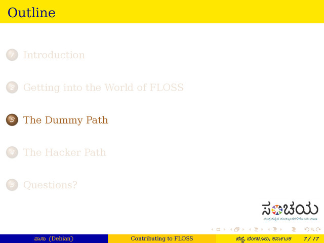 . . . . . .
Outline
.
.
.
1 Introduction
.
.
.
2 Getting into the World of FLOSS
.
.
.
3 The Dummy Path
.
.
.
4 The Hacker Path
.
.
.
5 Questions?
ಾಸು (Debian) Contributing to FLOSS ¤ೆ ೆ
