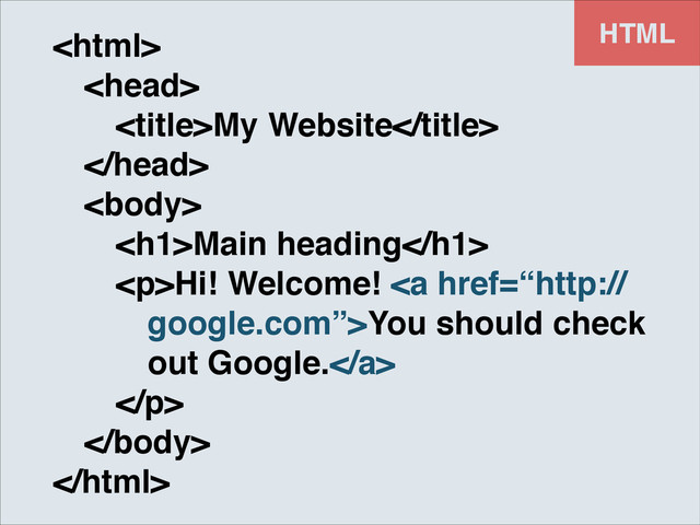 HTML
!
! !
! ! My Website!
! !
! !
! ! <h1>Main heading</h1>!
! ! <p>Hi! Welcome! <a href="%E2%80%9Chttp://!">You should check!
! ! ! out Google.</a>!
! ! </p>!
! !

