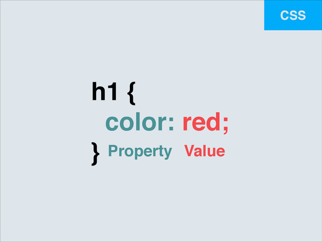 CSS
h1 {!
color: red;!
} Property Value
