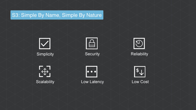 Low Cost
Security
Simplicity Reliability
Scalability Low Latency
S3: Simple By Name, Simple By Nature
