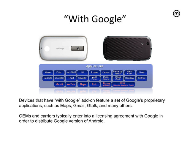 “With	  Google”
	  
Devices that have “with Google” add-on feature a set of Google’s proprietary
applications, such as Maps, Gmail, Gtalk, and many others.
OEMs and carriers typically enter into a licensing agreement with Google in
order to distribute Google version of Android.
