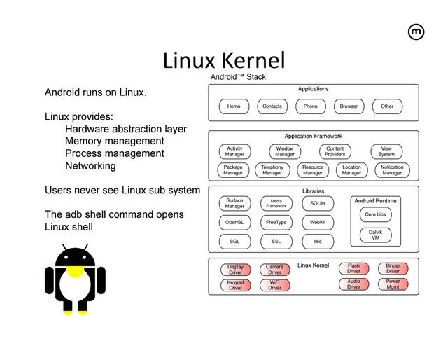 Linux	  Kernel	  
Android runs on Linux.
Linux provides:
Hardware abstraction layer
Memory management
Process management
Networking
Users never see Linux sub system
The adb shell command opens
Linux shell
Linux Kernel
Libraries
Application Framework
Applications
Home Contacts Phone Browser Other
Activity
Manager
Window
Manager
Content
Providers
View
System
Package
Manager
Telephony
Manager
Resource
Manager
Location
Manager
Notiication
Manager
Surface
Manager
OpenGL
SGL
Media
Framework
FreeType
SSL
SQLite
WebKit
libc
Android Runtime
Core Libs
Dalvik
VM
Display
Driver
Keypad
Driver
Camera
Driver
WiFi
Driver
Flash
Driver
Audio
Driver
Binder
Driver
Power
Mgmt
Android™ Stack

