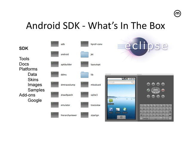 Android	  SDK	  -­‐	  What’s	  In	  The	  Box
	  
SDK
Tools
Docs
Platforms
Data
Skins
Images
Samples
Add-ons
Google

