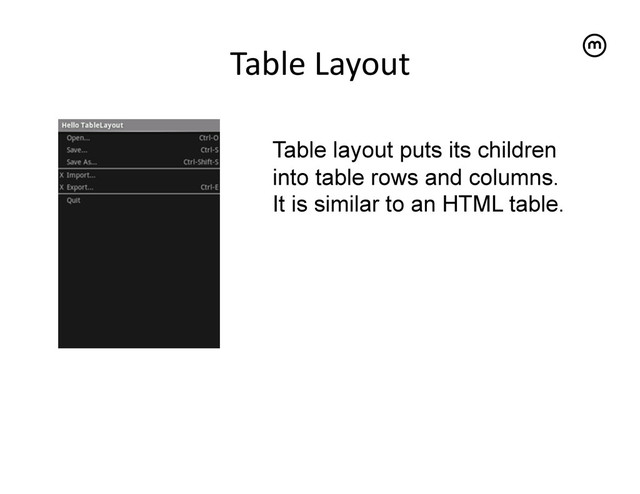 Table	  Layout
	  
Table layout puts its children
into table rows and columns.
It is similar to an HTML table.
