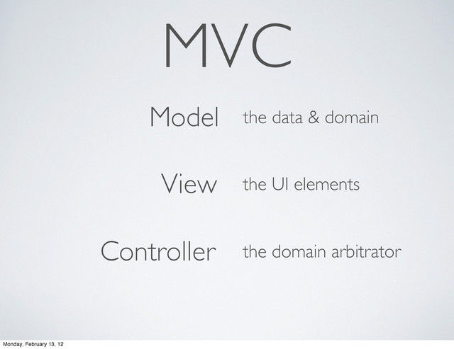 odel
iew
ontroller
MVC
M
V
C
the data & domain
the UI elements
the domain arbitrator
Monday, February 13, 12
