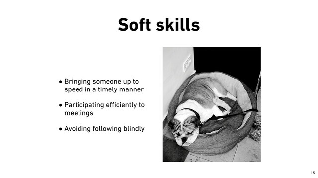 Soft skills
•Bringing someone up to
speed in a timely manner


•Participating e
ff i
ciently to
meetings


•Avoiding following blindly
￼
15
