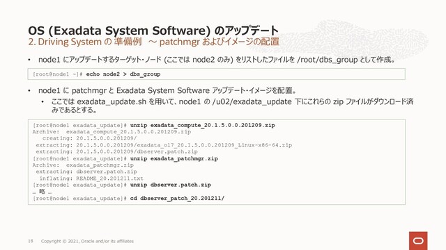 2. Driving System の 準備例 〜 patchmgr およびイメージの配置
• node1 にアップデートするターゲット・ノード (ここでは node2 のみ) をリストしたファイルを /root/dbs_group として作成。
• node1 に patchmgr と Exadata System Software アップデート・イメージを配置。
• ここでは exadata_update.sh を⽤いて、node1 の /u02/exadata_update 下にこれらの zip ファイルがダウンロード済
みであるとする。
OS (Exadata System Software) のアップデート
Copyright © 2021, Oracle and/or its affiliates
18
[root@node1 exadata_update]# unzip exadata_compute_20.1.5.0.0.201209.zip
Archive: exadata_compute_20.1.5.0.0.201209.zip
creating: 20.1.5.0.0.201209/
extracting: 20.1.5.0.0.201209/exadata_ol7_20.1.5.0.0.201209_Linux-x86-64.zip
extracting: 20.1.5.0.0.201209/dbserver.patch.zip
[root@node1 exadata_update]# unzip exadata_patchmgr.zip
Archive: exadata_patchmgr.zip
extracting: dbserver.patch.zip
inflating: README_20.201211.txt
[root@node1 exadata_update]# unzip dbserver.patch.zip
… 略 …
[root@node1 exadata_update]# cd dbserver_patch_20.201211/
[root@node1 ~]# echo node2 > dbs_group
