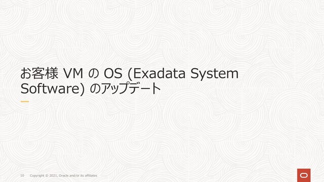 Copyright © 2021, Oracle and/or its affiliates
10
お客様 VM の OS (Exadata System
Software) のアップデート
