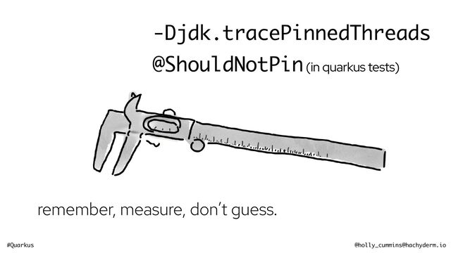 #Quarkus @holly_cummins@hachyderm.io
remember, measure, don’t guess.


-Djdk.tracePinnedThreads
@ShouldNotPin (in quarkus tests)
