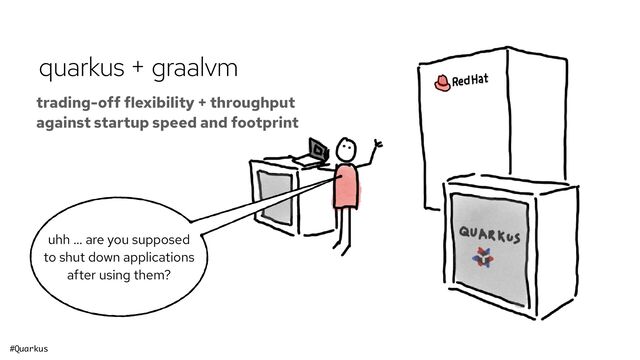 #Quarkus @holly_cummins@hachyderm.io
quarkus + graalvm
trading-off flexibility + throughput
against startup speed and footprint
uhh … are you supposed
to shut down applications
after using them?
