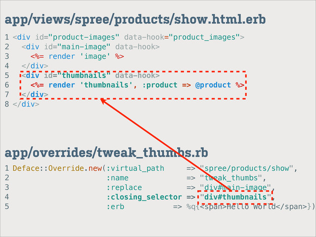 1
2
3
4
5
app/overrides/tweak_thumbs.rb
1
2
3
4
5
6
7
8
app/views/spree/products/show.html.erb
<div>
<div>
<%= render 'image' %>
</div>
<div>
<%= render 'thumbnails', :product => @product %>
</div>
</div>
Deface::Override.new(:virtual_path => "spree/products/show",
:name => "tweak_thumbs",
:replace => "div#main-image",
:closing_selector => "div#thumbnails",
:erb => %q{<span>Hello World</span>})
