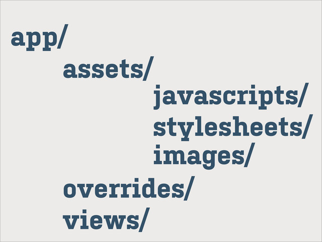 app/
assets/
javascripts/
stylesheets/
images/
overrides/
views/

