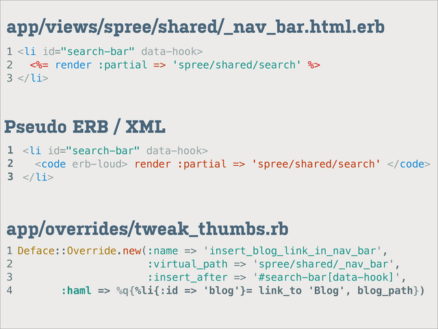 1
2
3
4
app/overrides/tweak_thumbs.rb
1
2
3
app/views/spree/shared/_nav_bar.html.erb
Deface::Override.new(:name => 'insert_blog_link_in_nav_bar',
:virtual_path => 'spree/shared/_nav_bar',
:insert_after => '#search-bar[data-hook]',
:haml => %q{%li{:id => 'blog'}= link_to 'Blog', blog_path})
<li>
<%= render :partial => 'spree/shared/search' %>
</li>
<li>
<code> render :partial => 'spree/shared/search' </code>
</li>
Pseudo ERB / XML
1
2
3
