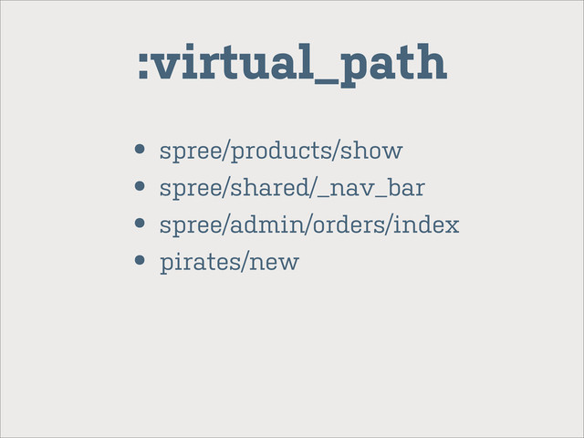 • spree/products/show
• spree/shared/_nav_bar
• spree/admin/orders/index
• pirates/new
:virtual_path
