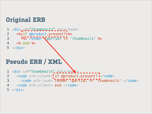<div>
<% if @product.present? %>
<%= render :partial => 'thumbnails' %>
<% end %>
</div>
Original ERB
Pseudo ERB / XML
<div>
<code> if @product.present? </code>
<code> render :partial => 'thumbnails' </code>
<code> end </code>
</div>
1
2
3
4
5
1
2
3
4
5
