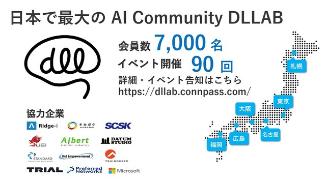 福岡
大阪
広島
名古屋
東京
札幌
日本で最大の AI Community DLLAB
7,000 名
90 回
詳細・イベント告知はこちら
https://dllab.connpass.com/
