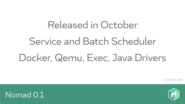 HASHICORP
Nomad 0.1
Released in October
Service and Batch Scheduler
Docker, Qemu, Exec, Java Drivers
