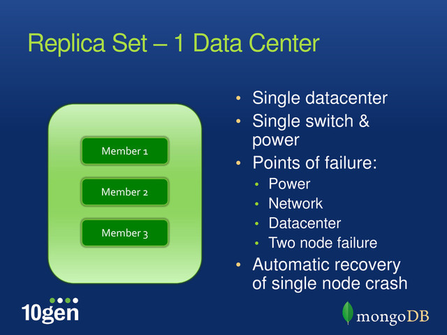 Replica Set – 1 Data Center
• Single datacenter
• Single switch &
power
• Points of failure:
• Power
• Network
• Datacenter
• Two node failure
• Automatic recovery
of single node crash
Member 1
Member 2
Member 3
