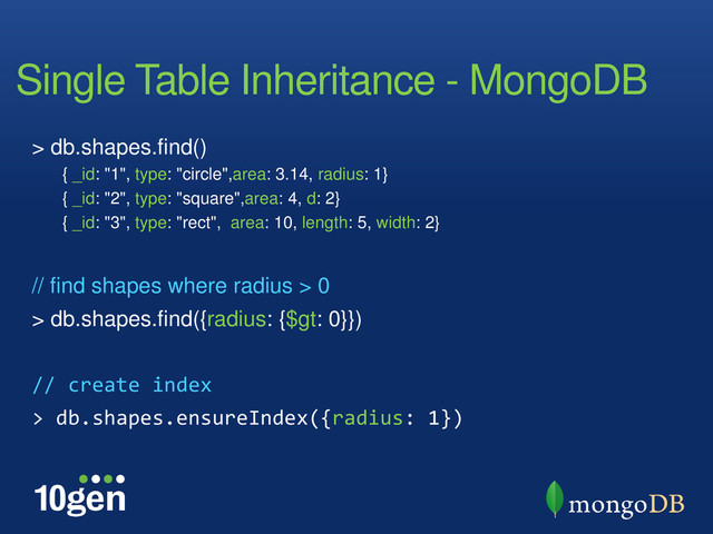 Single Table Inheritance - MongoDB
> db.shapes.find()
{ _id: "1", type: "circle",area: 3.14, radius: 1}
{ _id: "2", type: "square",area: 4, d: 2}
{ _id: "3", type: "rect", area: 10, length: 5, width: 2}
// find shapes where radius > 0
> db.shapes.find({radius: {$gt: 0}})
// create index
> db.shapes.ensureIndex({radius: 1})
