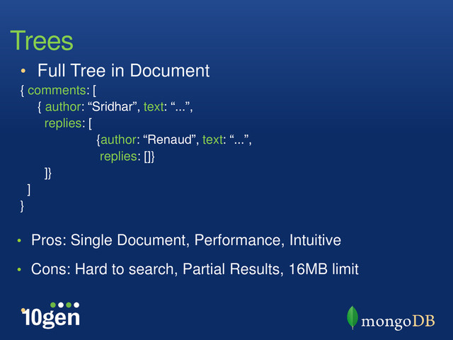 Trees
• Full Tree in Document
{ comments: [
{ author: “Sridhar”, text: “...”,
replies: [
{author: “Renaud”, text: “...”,
replies: []}
]}
]
}
• Pros: Single Document, Performance, Intuitive
• Cons: Hard to search, Partial Results, 16MB limit
•
