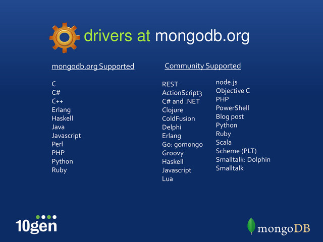 drivers at mongodb.org
REST
ActionScript3
C# and .NET
Clojure
ColdFusion
Delphi
Erlang
Go: gomongo
Groovy
Haskell
Javascript
Lua
C
C#
C++
Erlang
Haskell
Java
Javascript
Perl
PHP
Python
Ruby
node.js
Objective C
PHP
PowerShell
Blog post
Python
Ruby
Scala
Scheme (PLT)
Smalltalk: Dolphin
Smalltalk
Community Supported
mongodb.org Supported
