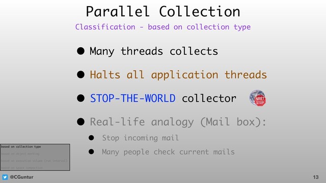 @CGuntur
Parallel Collection
• Many threads collects
• Halts all application threads
• STOP-THE-WORLD collector
• Real-life analogy (Mail box):
• Stop incoming mail
• Many people check current mails
13
Classification - based on collection type
based on collection type
based on object marking
based on execution volume (run interval)
based on space compaction
