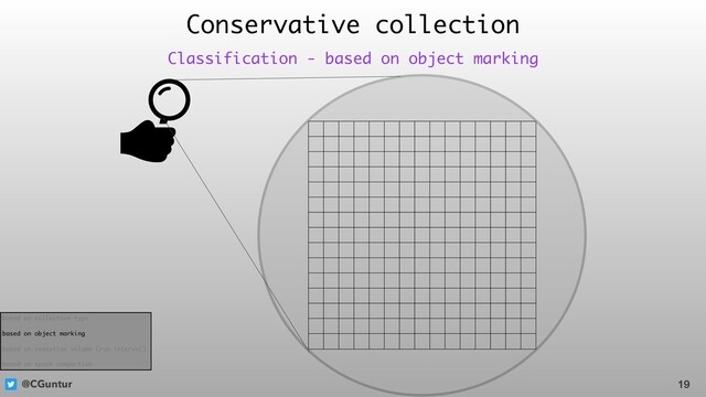 @CGuntur
Conservative collection
19
Classification - based on object marking
based on collection type
based on object marking
based on execution volume (run interval)
based on space compaction
