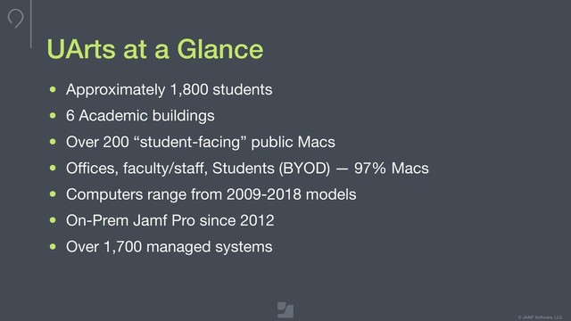© JAMF Software, LLC
UArts at a Glance
• Approximately 1,800 students

• 6 Academic buildings 

• Over 200 “student-facing” public Macs

• Oﬃces, faculty/staﬀ, Students (BYOD) — 97% Macs

• Computers range from 2009-2018 models

• On-Prem Jamf Pro since 2012

• Over 1,700 managed systems
