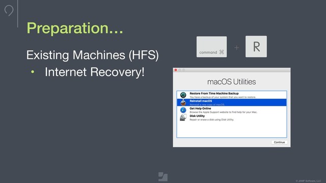 © JAMF Software, LLC
Preparation…
Existing Machines (HFS)

• Internet Recovery!
