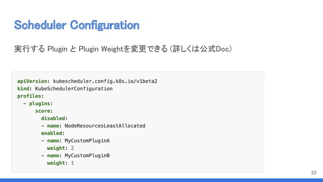 Scheduler Configuration 
実行する Plugin と Plugin Weightを変更できる (詳しくは公式Doc) 
23
