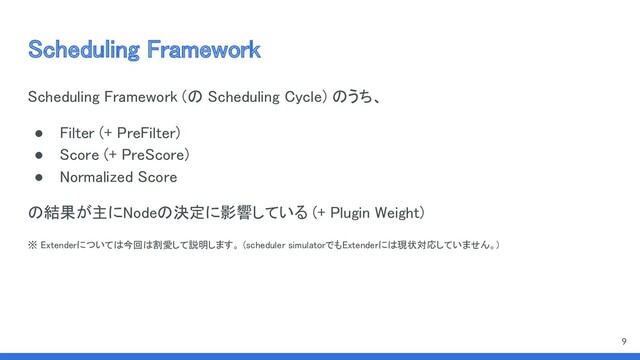 Scheduling Framework 
Scheduling Framework (の Scheduling Cycle) のうち、 
● Filter (+ PreFilter) 
● Score (+ PreScore) 
● Normalized Score  
の結果が主にNodeの決定に影響している (+ Plugin Weight) 
※ Extenderについては今回は割愛して説明します。 (scheduler simulatorでもExtenderには現状対応していません。)  
 
9
