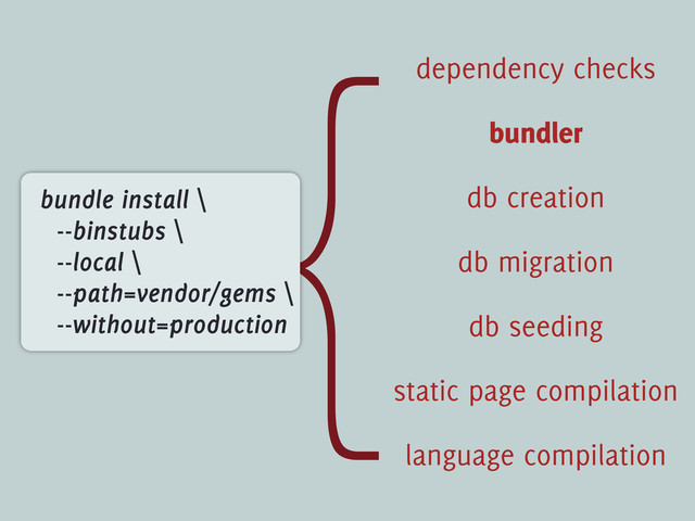{
static page compilation
language compilation
db seeding
dependency checks
bundler
db creation
db migration
bundle install \
--binstubs \
--local \
--path=vendor/gems \
--without=production
