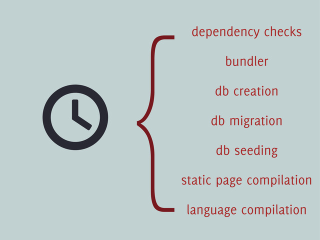 {
static page compilation
language compilation
db seeding
dependency checks
bundler
db creation
db migration
t
