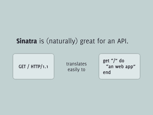 Sinatra is (naturally) great for an API.
get “/” do
“an web app”
end
translates
easily to
GET / HTTP/1.1
