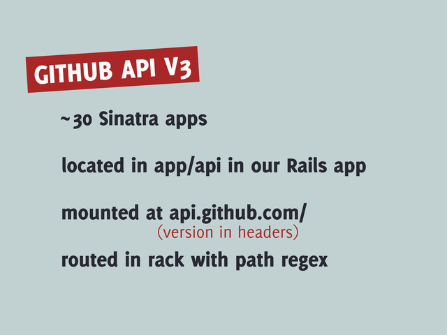 GITHUB API V3
~30 Sinatra apps
located in app/api in our Rails app
mounted at api.github.com/
(version in headers)
routed in rack with path regex
