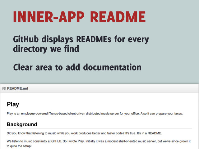 INNER-APP README
GitHub displays READMEs for every
directory we find
Clear area to add documentation
