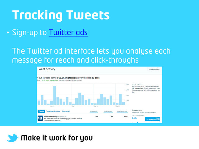 Make it work for you
Tracking Tweets
•  Sign-up to Twitter ads
The Twitter ad interface lets you analyse each
message for reach and click-throughs
